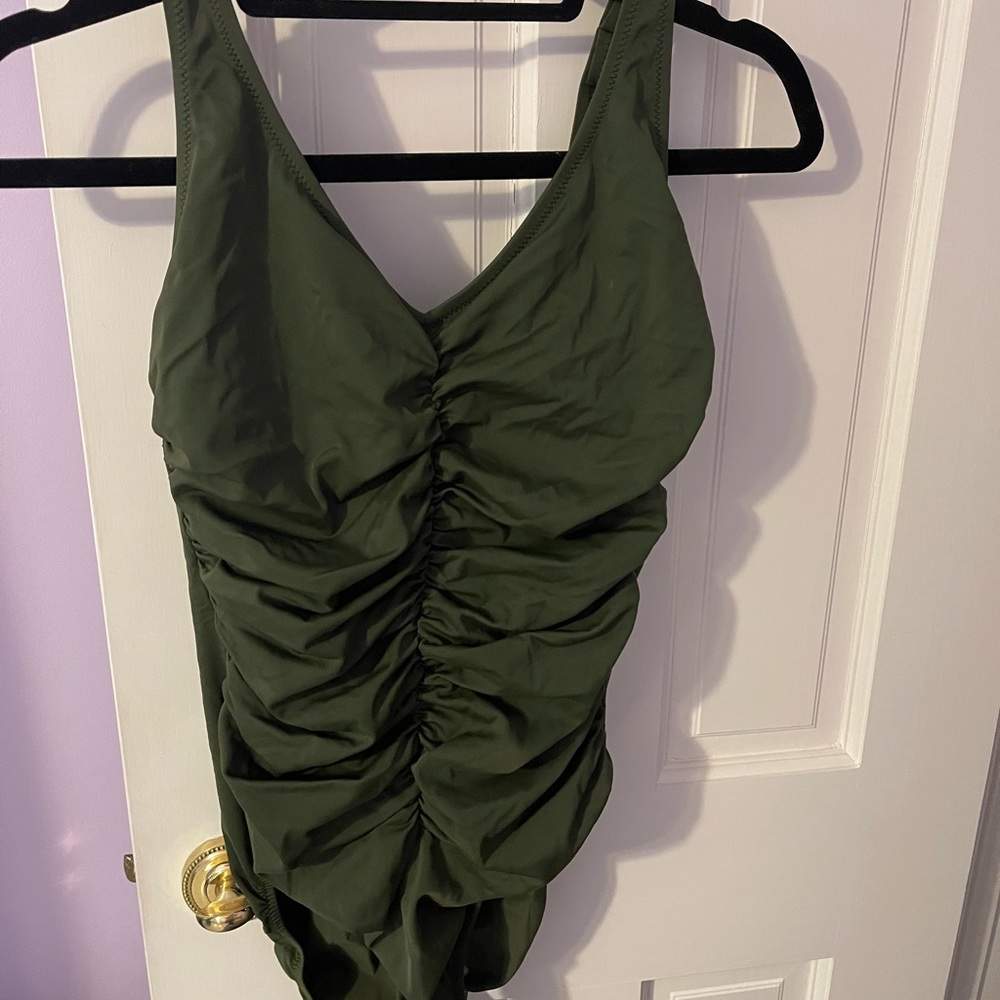 Lisa Curran Ruched One Piece Swimsuit, Olive Green, Size 12